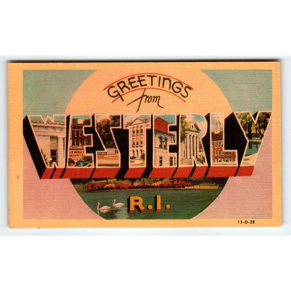 Greetings From Westerly Rhode Island Large Big Letter City Postcard Linen Dexter